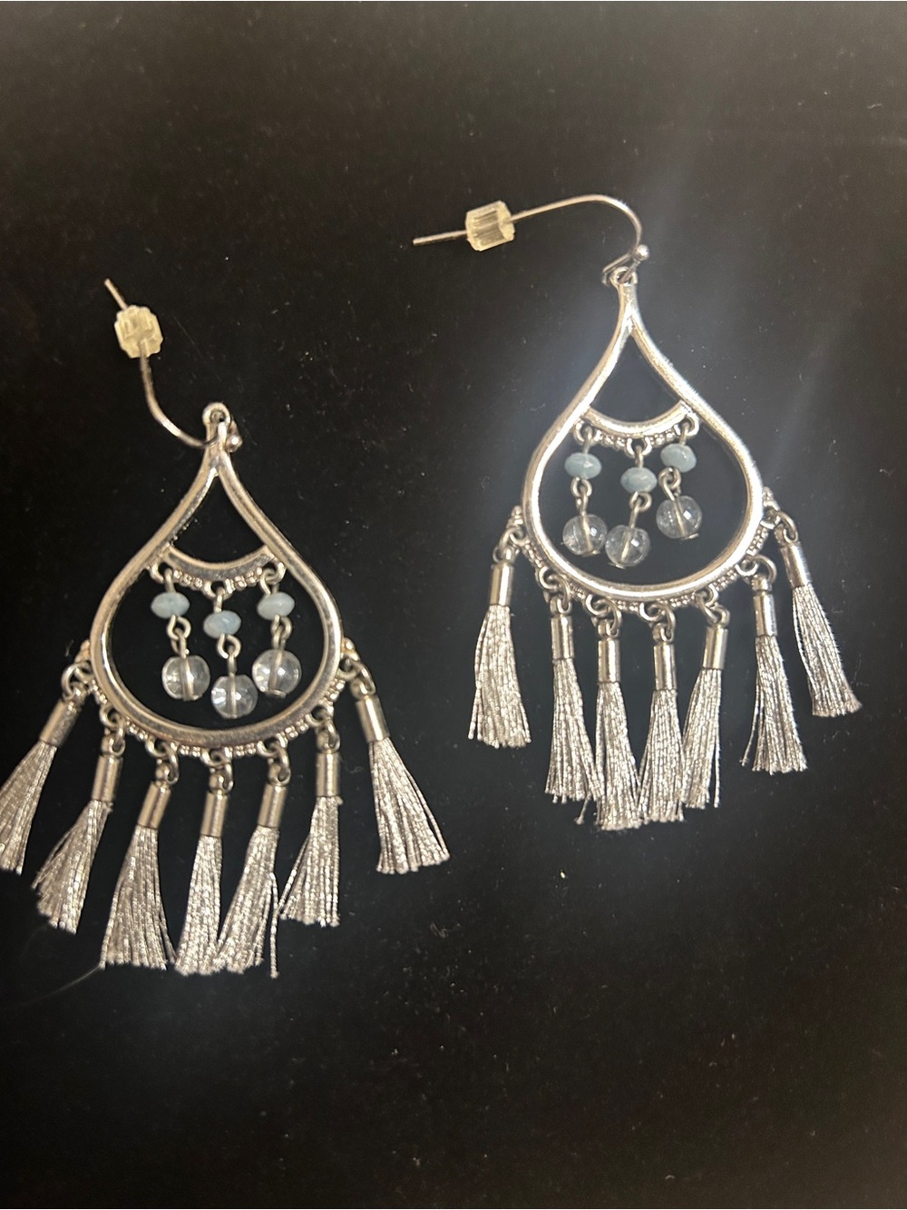 Silver Tassel Teardrop Dangle Earrings with Clear and Light Blue Bead Accents
